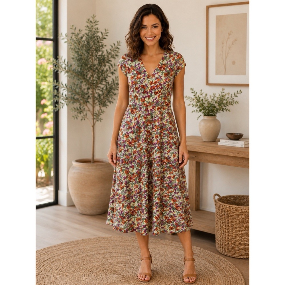 Sahalie Floral V-Neck Midi Dress Botanical Print Cottagecore Casual Medium